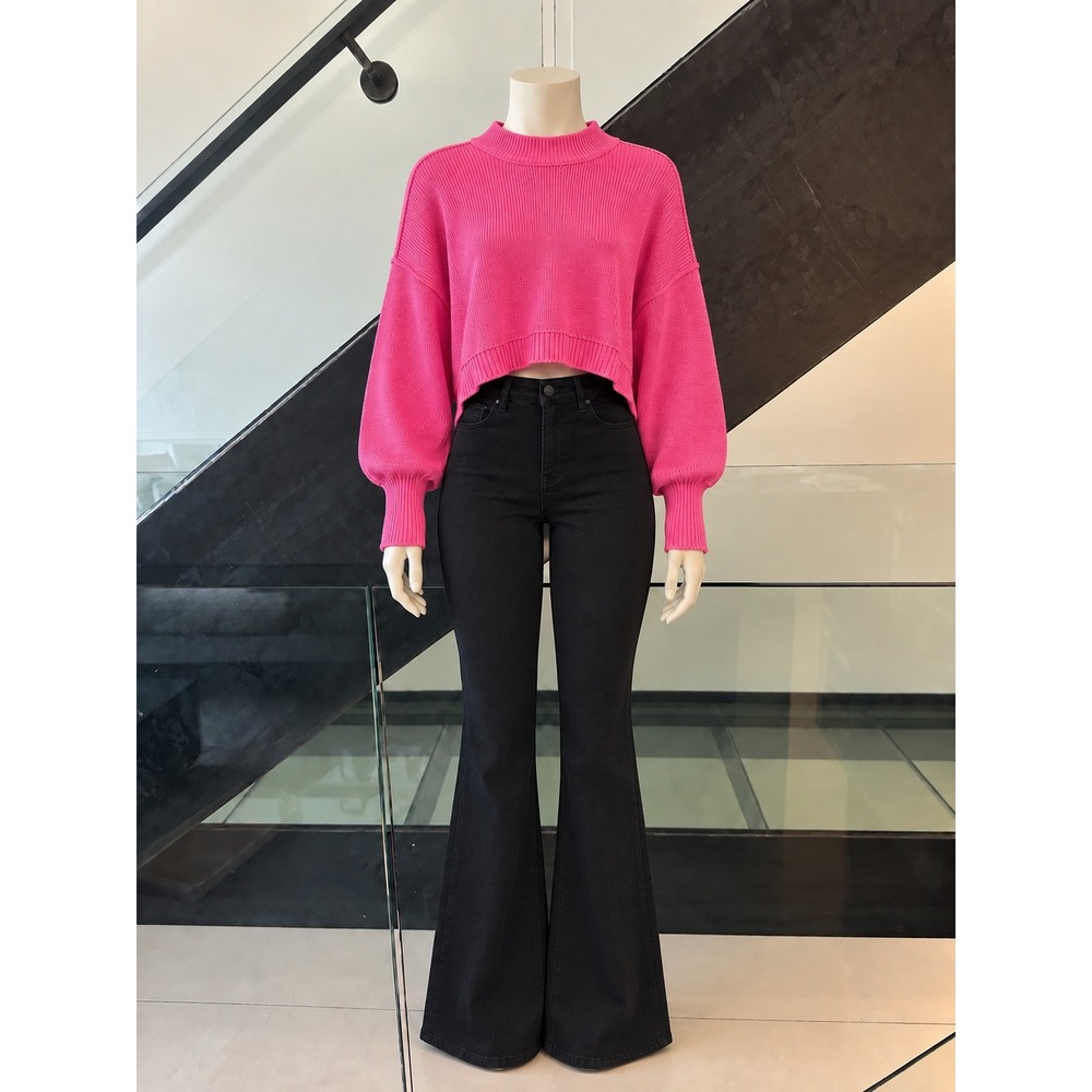 Free People Easy Street Hot Pink Ribbed Cropped Mock Neck Sleeve Sweater XS